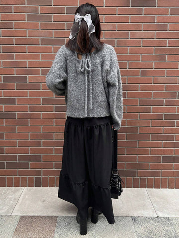 FRIFUL 2pcs Women Solid Color Long Sleeve Casual Simple Fashionable Daily Skirt Set