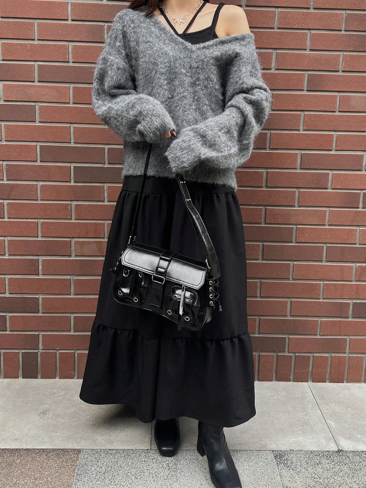 FRIFUL 2pcs Women Solid Color Long Sleeve Casual Simple Fashionable Daily Skirt Set