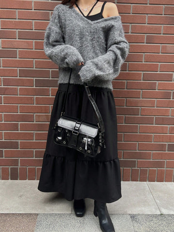FRIFUL 2pcs Women Solid Color Long Sleeve Casual Simple Fashionable Daily Skirt Set