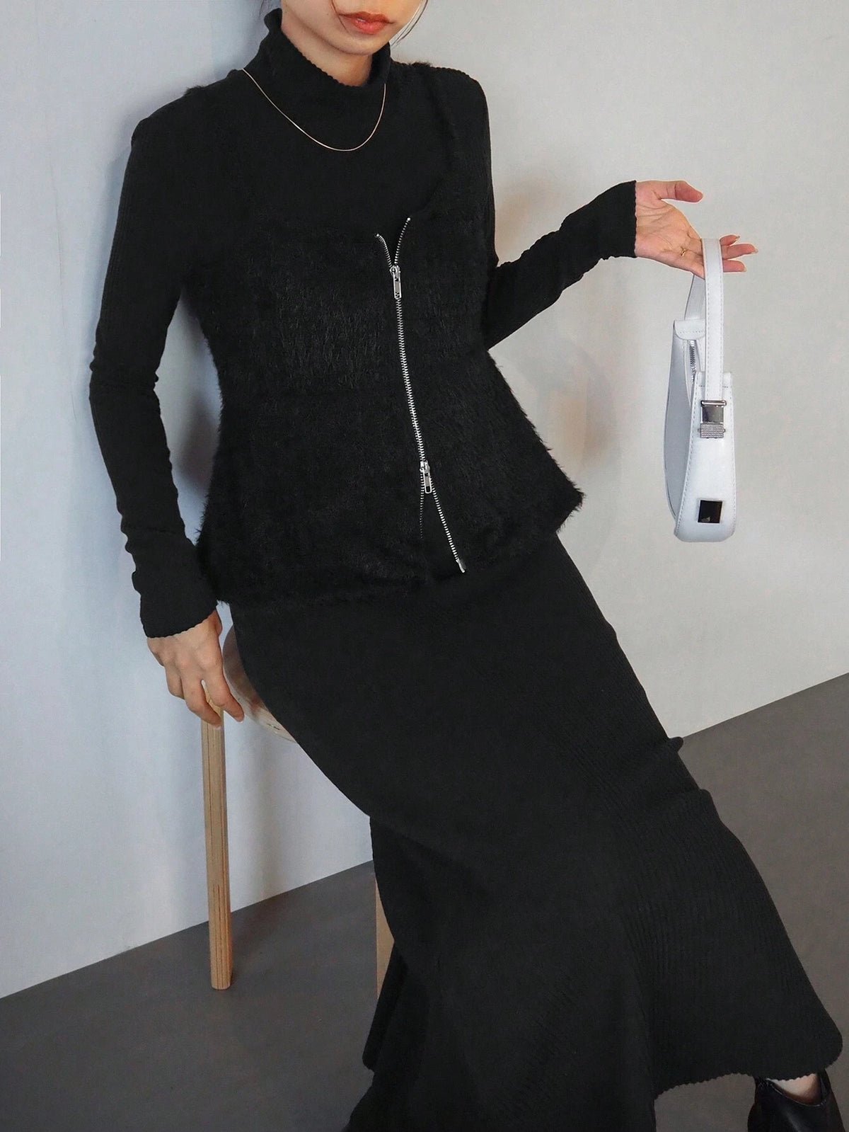 FRIFUL 2pcs Women's Solid Color Front Zipper Long Sleeve Top And Mini Skirt Casual Suit