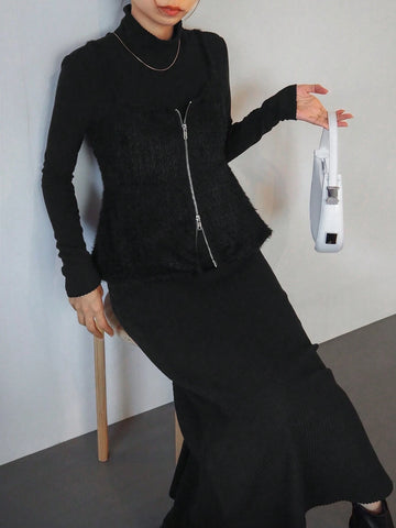 FRIFUL 2pcs Women's Solid Color Front Zipper Long Sleeve Top And Mini Skirt Casual Suit