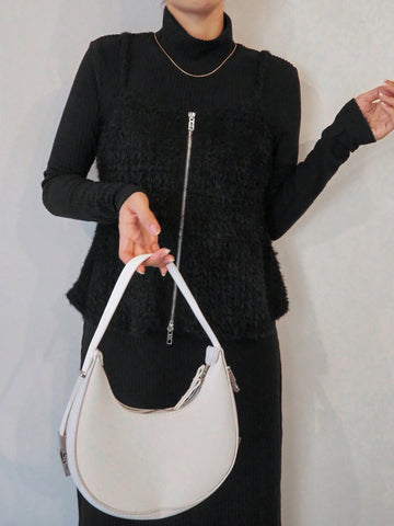 FRIFUL 2pcs Women's Solid Color Front Zipper Long Sleeve Top And Mini Skirt Casual Suit