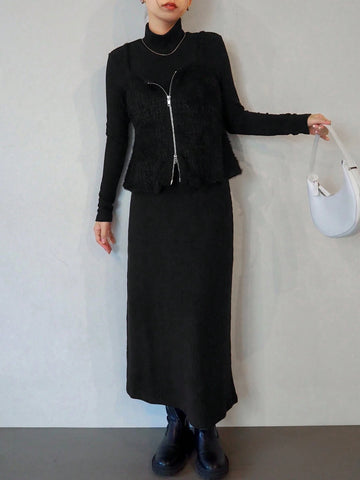 FRIFUL 2pcs Women's Solid Color Front Zipper Long Sleeve Top And Mini Skirt Casual Suit