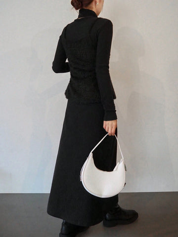 FRIFUL 2pcs Women's Solid Color Front Zipper Long Sleeve Top And Mini Skirt Casual Suit