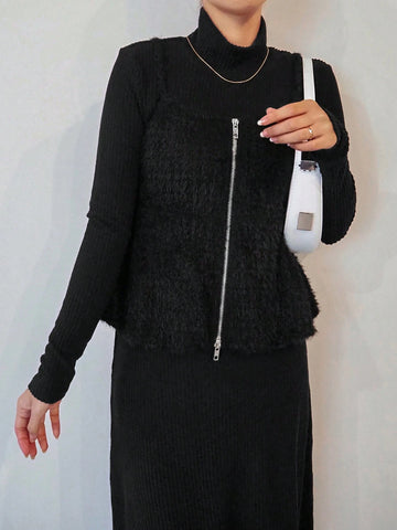 FRIFUL 2pcs Women's Solid Color Front Zipper Long Sleeve Top And Mini Skirt Casual Suit