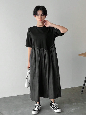 FRIFUL Color Block Loose Fit Round Neck Straight Dress