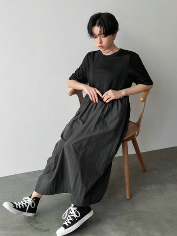 FRIFUL Color Block Loose Fit Round Neck Straight Dress