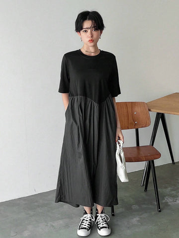 FRIFUL Color Block Loose Fit Round Neck Straight Dress