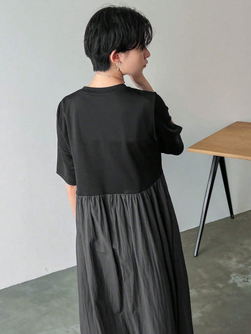FRIFUL Color Block Loose Fit Round Neck Straight Dress