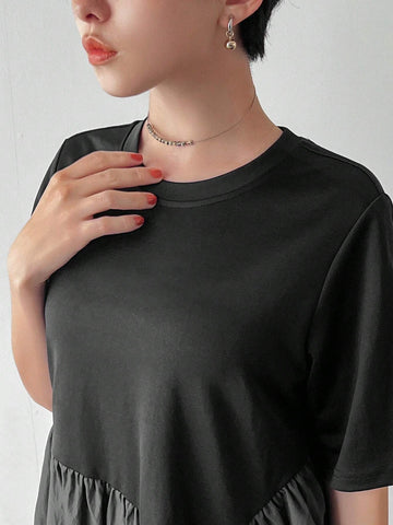 FRIFUL Color Block Loose Fit Round Neck Straight Dress
