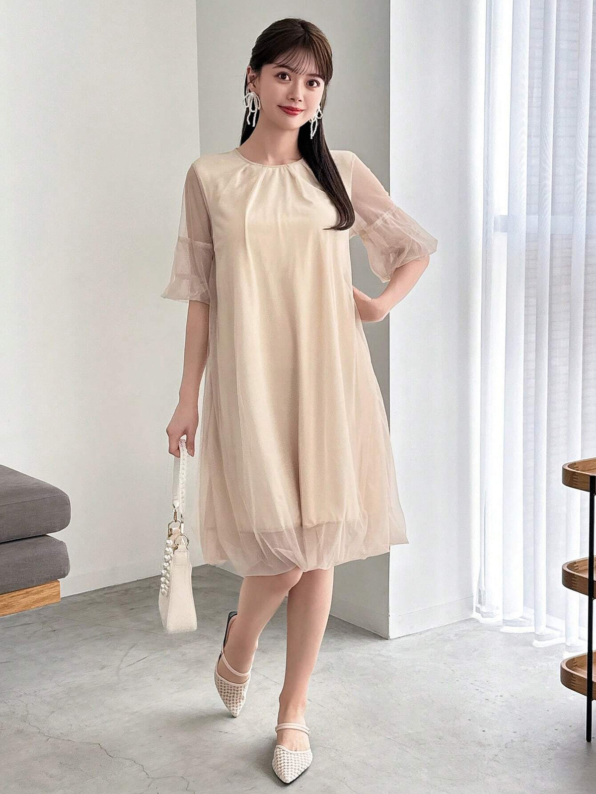 FRIFUL Designer Ladies" Solid Color Round Neck Sheer Mesh Short Sleeve Japanese-Style Sweet Dress With Design Sense