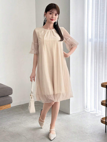 FRIFUL Designer Ladies" Solid Color Round Neck Sheer Mesh Short Sleeve Japanese-Style Sweet Dress With Design Sense
