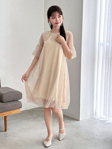 FRIFUL Designer Ladies" Solid Color Round Neck Sheer Mesh Short Sleeve Japanese-Style Sweet Dress With Design Sense