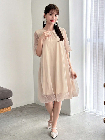 FRIFUL Designer Ladies" Solid Color Round Neck Sheer Mesh Short Sleeve Japanese-Style Sweet Dress With Design Sense