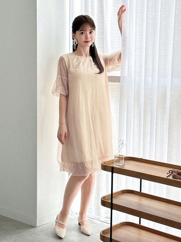 FRIFUL Designer Ladies" Solid Color Round Neck Sheer Mesh Short Sleeve Japanese-Style Sweet Dress With Design Sense