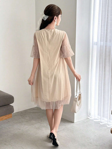 FRIFUL Designer Ladies" Solid Color Round Neck Sheer Mesh Short Sleeve Japanese-Style Sweet Dress With Design Sense