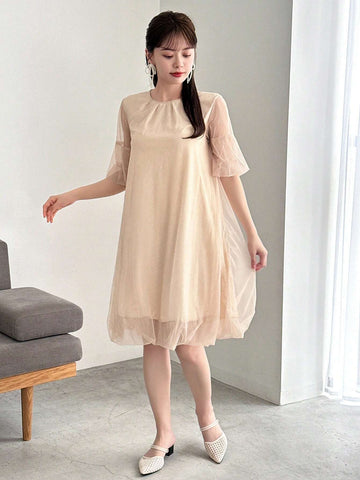 FRIFUL Designer Ladies" Solid Color Round Neck Sheer Mesh Short Sleeve Japanese-Style Sweet Dress With Design Sense