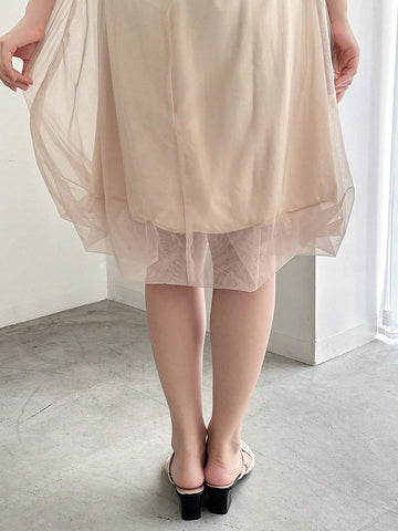 FRIFUL Designer Ladies" Solid Color Round Neck Sheer Mesh Short Sleeve Japanese-Style Sweet Dress With Design Sense