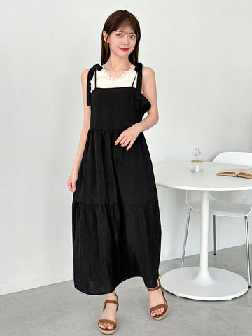 FRIFUL Designer Ladies" Square Neck Strap Loose A-Line Dress With Belted Back