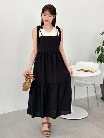 FRIFUL Designer Ladies" Square Neck Strap Loose A-Line Dress With Belted Back