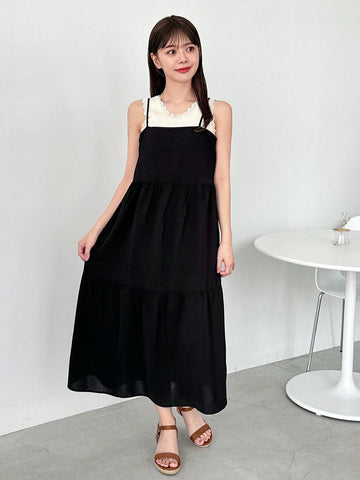 FRIFUL Designer Ladies" Square Neck Strap Loose A-Line Dress With Belted Back