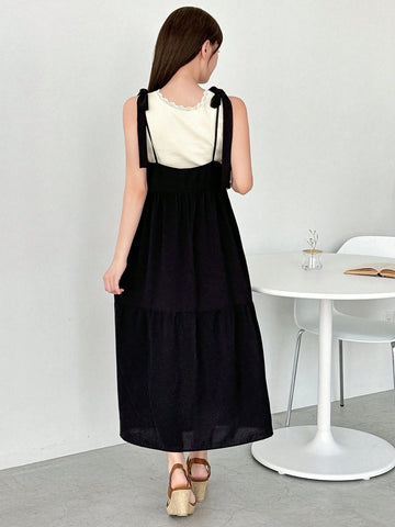 FRIFUL Designer Ladies" Square Neck Strap Loose A-Line Dress With Belted Back