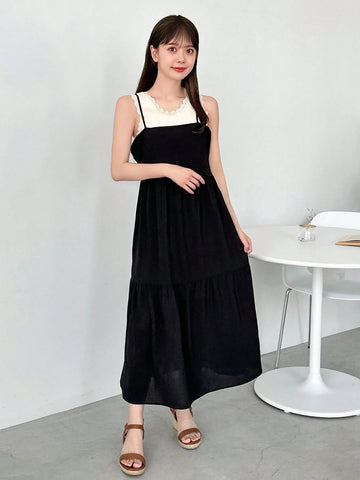 FRIFUL Designer Ladies" Square Neck Strap Loose A-Line Dress With Belted Back