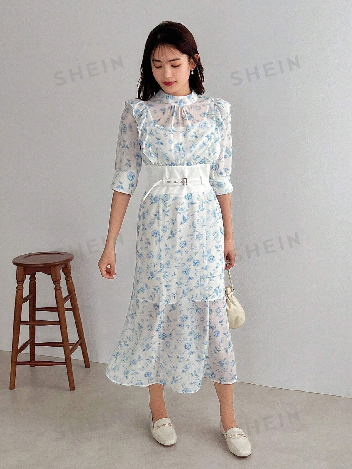FRIFUL Floral Print Cinched-Waist Mermaid Hem Dress