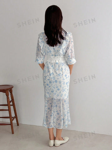 FRIFUL Floral Print Cinched-Waist Mermaid Hem Dress