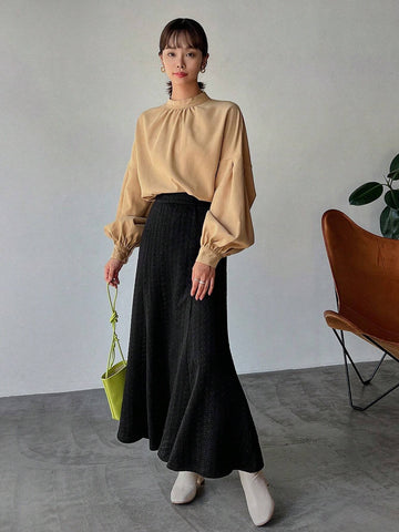 FRIFUL High Waist Solid A-line Skirt