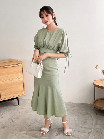 FRIFUL Hollow Out Shoulder Blouse And Strap Detail Waist Lady Dress 2 Piece Set