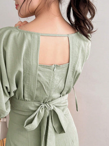 FRIFUL Hollow Out Shoulder Blouse And Strap Detail Waist Lady Dress 2 Piece Set