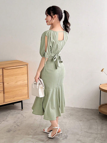 FRIFUL Hollow Out Shoulder Blouse And Strap Detail Waist Lady Dress 2 Piece Set