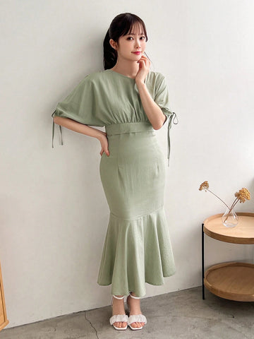 FRIFUL Hollow Out Shoulder Blouse And Strap Detail Waist Lady Dress 2 Piece Set