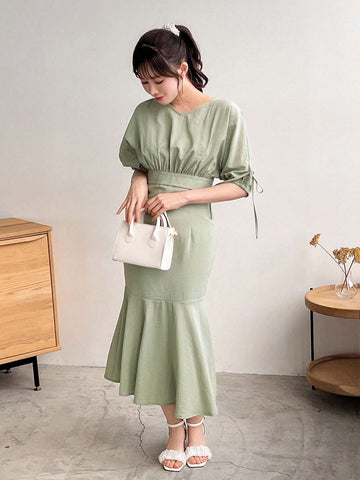 FRIFUL Hollow Out Shoulder Blouse And Strap Detail Waist Lady Dress 2 Piece Set