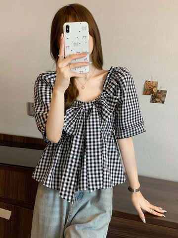 FRIFUL Ladies' Plaid Printed Short Sleeve Shirt With Bow Decoration, Summer