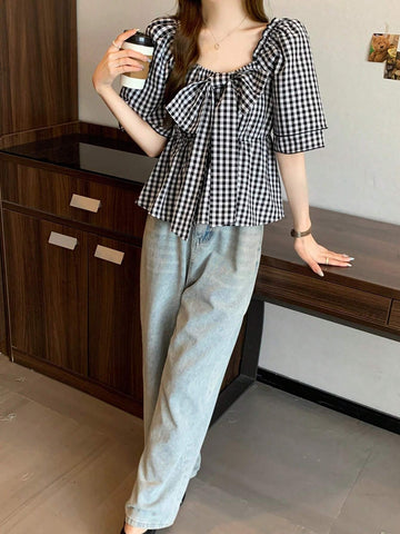 FRIFUL Ladies' Plaid Printed Short Sleeve Shirt With Bow Decoration, Summer