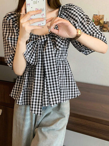 FRIFUL Ladies' Plaid Printed Short Sleeve Shirt With Bow Decoration, Summer