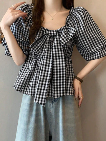 FRIFUL Ladies' Plaid Printed Short Sleeve Shirt With Bow Decoration, Summer