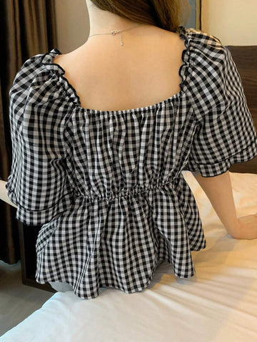 FRIFUL Ladies' Plaid Printed Short Sleeve Shirt With Bow Decoration, Summer