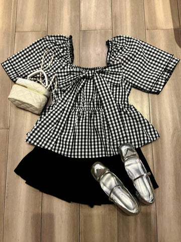 FRIFUL Ladies' Plaid Printed Short Sleeve Shirt With Bow Decoration, Summer