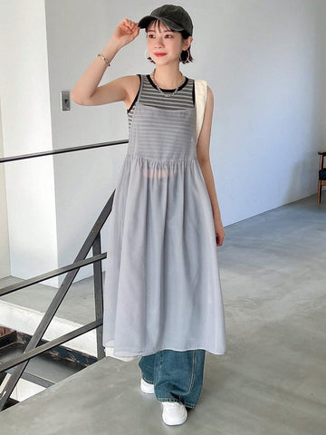 FRIFUL Ladies' Plain Color Perspetive Suspender Dress
