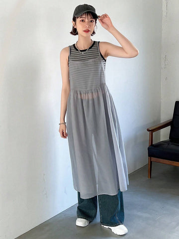 FRIFUL Ladies' Plain Color Perspetive Suspender Dress