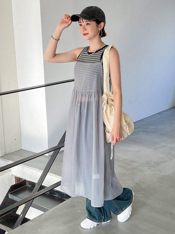 FRIFUL Ladies' Plain Color Perspetive Suspender Dress