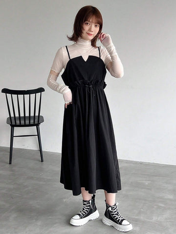 FRIFUL Ladies" Solid Color Drawstring Waist Suspender Dress
