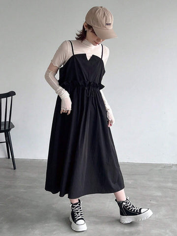 FRIFUL Ladies" Solid Color Drawstring Waist Suspender Dress