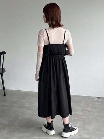 FRIFUL Ladies" Solid Color Drawstring Waist Suspender Dress