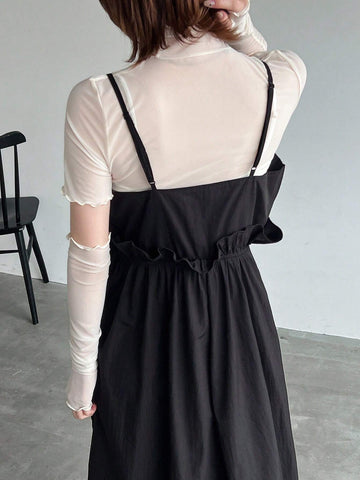 FRIFUL Ladies" Solid Color Drawstring Waist Suspender Dress