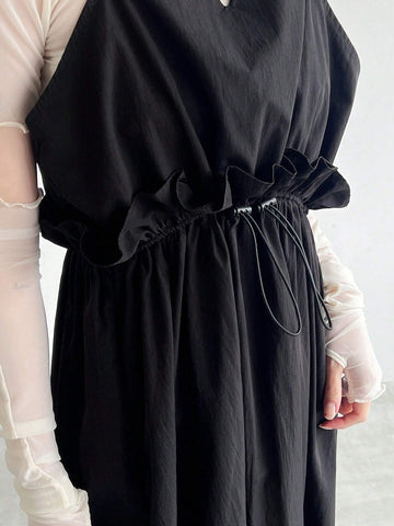 FRIFUL Ladies" Solid Color Drawstring Waist Suspender Dress