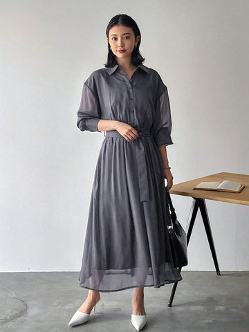 FRIFUL Ladies' Solid Color Lapel Pleated Summer Long Sleeve Dress